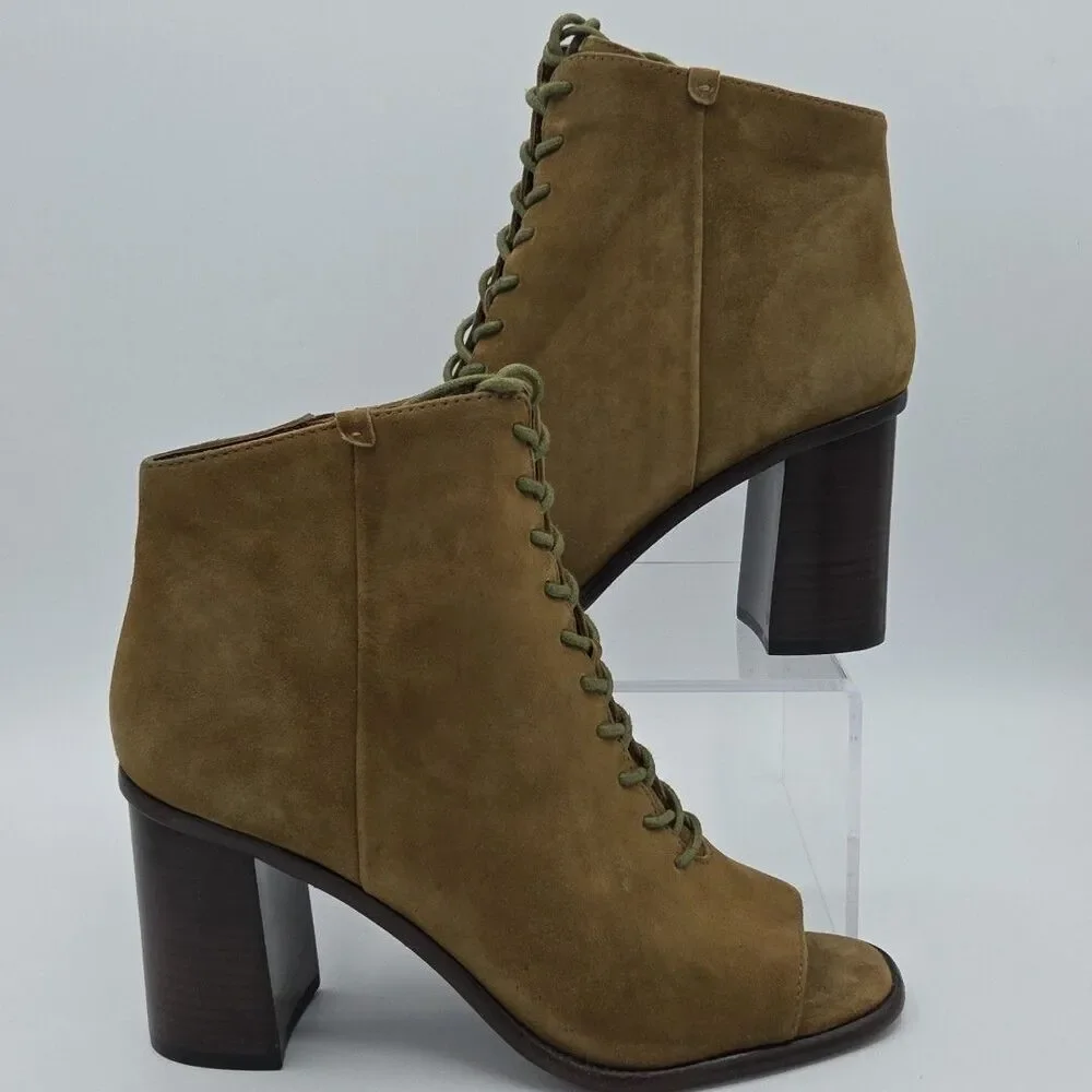 FRYE Amy Peep Toe Amy Green Khaki Suede Womens US 10 Heels Lace Up Booties